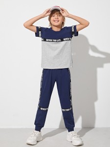 Boys Slogan Graphic Tape Detail Colorblock Tee and Sweatpants Set