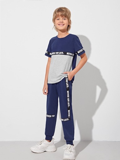 Boys Slogan Graphic Tape Detail Colorblock Tee and Sweatpants Set