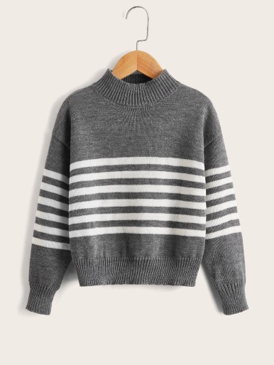 Boys Mock Neck Striped Pattern Drop Shoulder Sweater