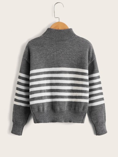 Boys Mock Neck Striped Pattern Drop Shoulder Sweater