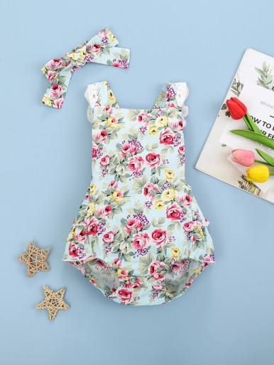 Baby Girl Floral Print Lace Trimed Bodysuit With Headband