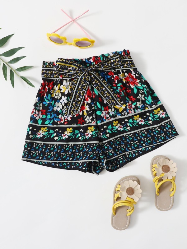 Girls Paperbag Waist Belted Floral Shorts