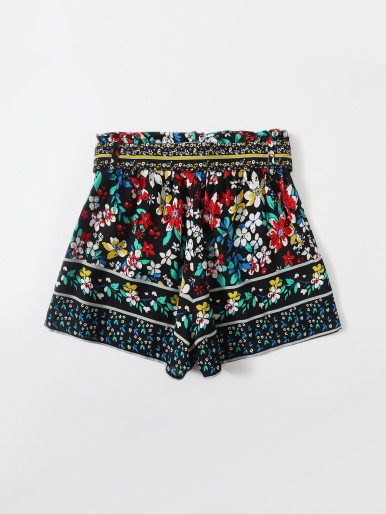 Girls Paperbag Waist Belted Floral Shorts