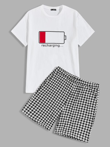 Men Letter Graphic Top & Gingham Shorts PJ Set