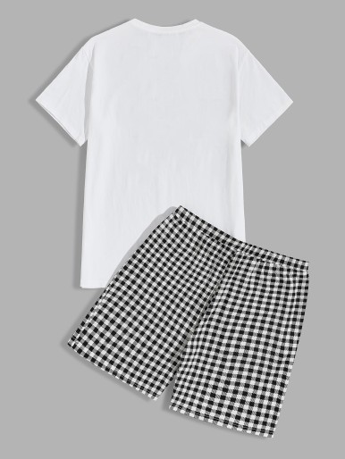 Men Letter Graphic Top & Gingham Shorts PJ Set