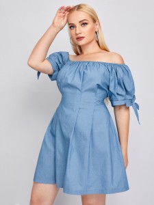 Plus Bardot Knot Cuff Denim Dress