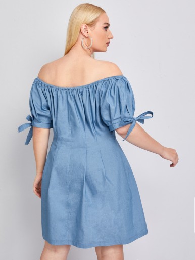 Plus Bardot Knot Cuff Denim Dress