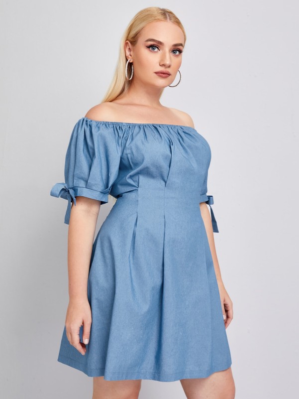 Plus Bardot Knot Cuff Denim Dress