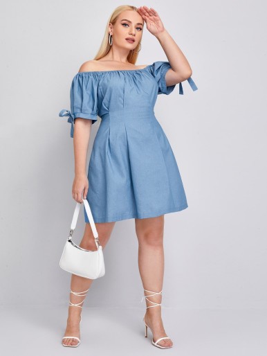 Plus Bardot Knot Cuff Denim Dress