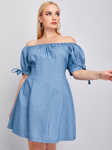 Plus Bardot Knot Cuff Denim Dress