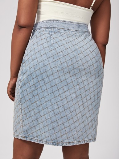 Plus Flap Detail Argyle Print Denim Skirt