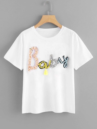 Pearl And Applique Letter Tassel Detail Tee