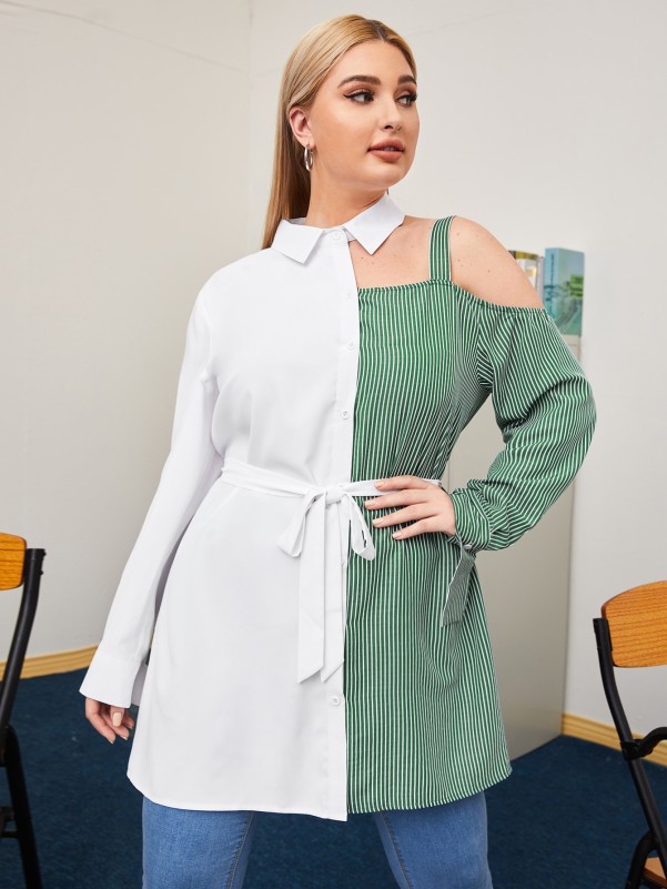 Plus Striped Colorblock Asymmetrical Neck Belted Shirt