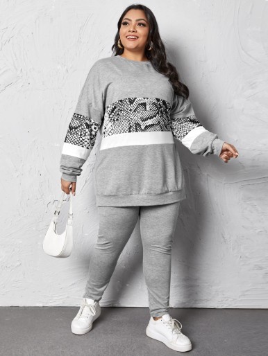 Plus Contrast Snakeskin Panel Sweatshirt & Sweatpants