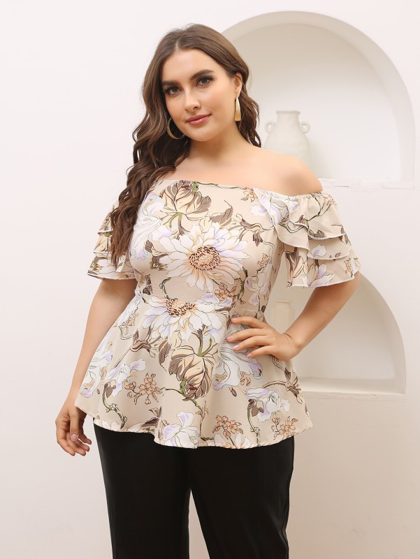 Plus Off Shoulder Layered Ruffle Floral Print Blouse