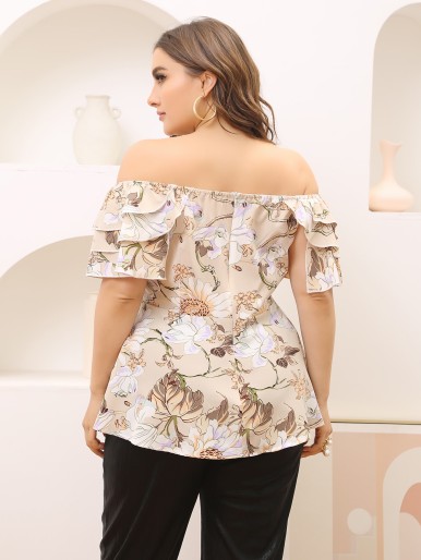 Plus Off Shoulder Layered Ruffle Floral Print Blouse