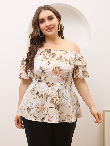 Plus Off Shoulder Layered Ruffle Floral Print Blouse