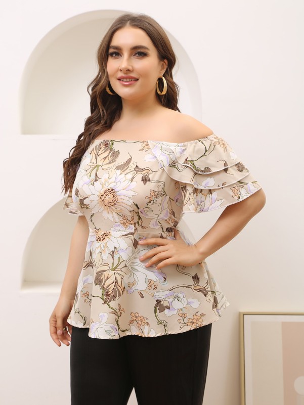 Plus Off Shoulder Layered Ruffle Floral Print Blouse