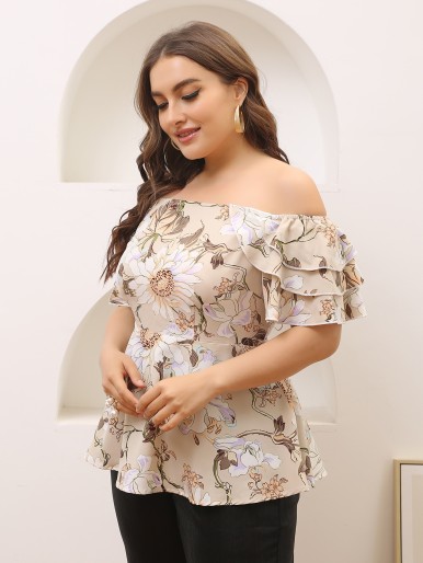 Plus Off Shoulder Layered Ruffle Floral Print Blouse