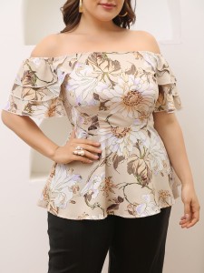 Plus Off Shoulder Layered Ruffle Floral Print Blouse