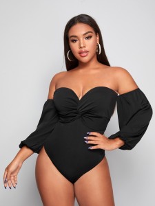 Plus Off Shoulder Twist Front Lantern Sleeve Bodysuit