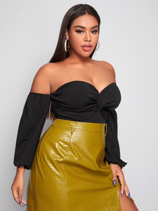 Plus Off Shoulder Twist Front Lantern Sleeve Bodysuit