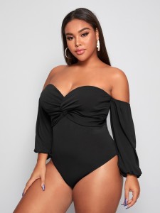 Plus Off Shoulder Twist Front Lantern Sleeve Bodysuit