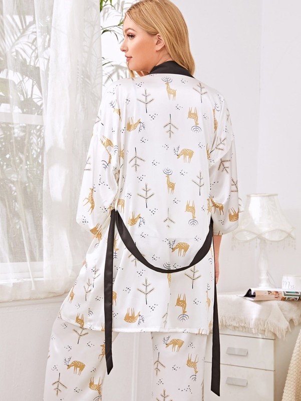 Plus 1pc Satin Deer Print Belted Robe