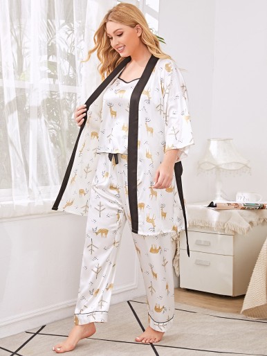 Plus 1pc Satin Deer Print Belted Robe