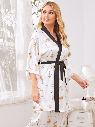 Plus 1pc Satin Deer Print Belted Robe