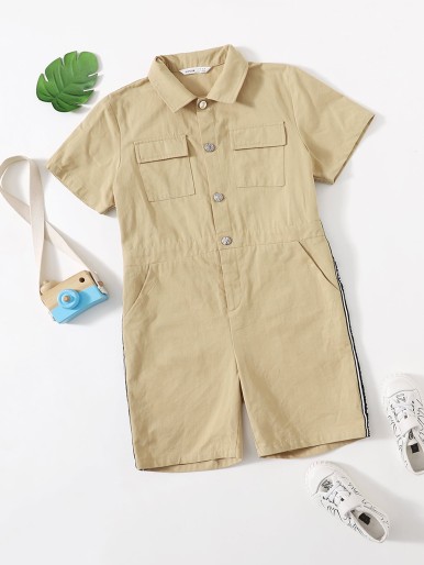 Boys Contrast Letter Tape Flap Pocket Shirt Romper