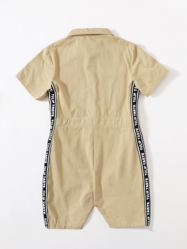 Boys Contrast Letter Tape Flap Pocket Shirt Romper