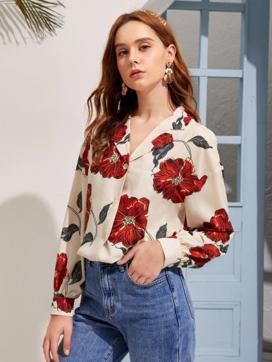 Floral Drop Shoulder Button Up Blouse