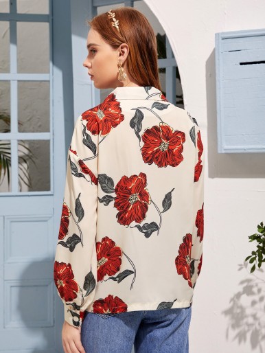 Floral Drop Shoulder Button Up Blouse