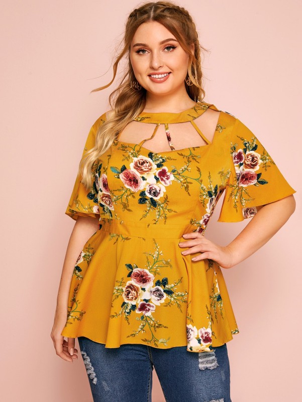 Plus Floral Print Cutout Detail Peplum Blouse