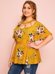 Plus Floral Print Cutout Detail Peplum Blouse