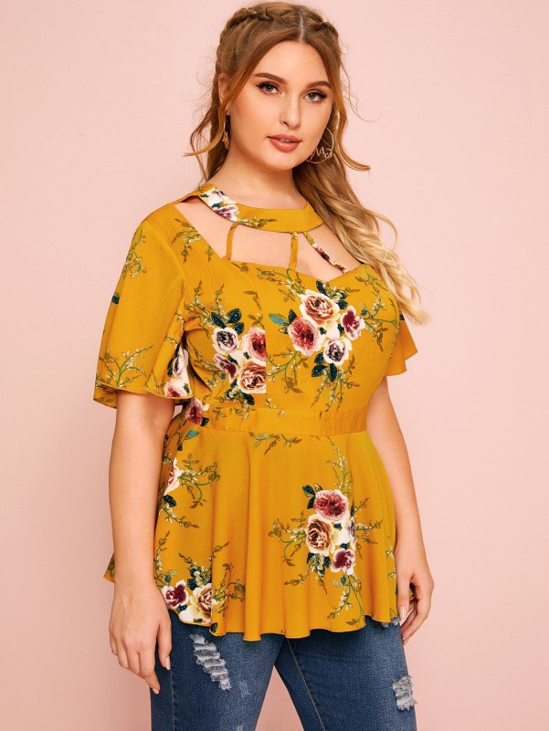 Plus Floral Print Cutout Detail Peplum Blouse