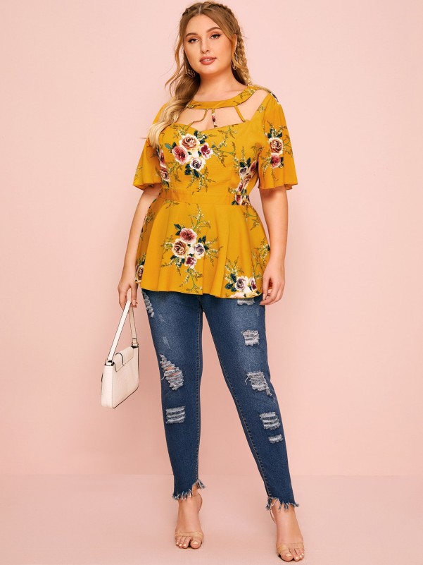 Plus Floral Print Cutout Detail Peplum Blouse