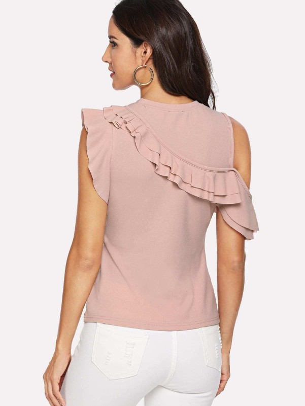 Cold Shoulder Layered Asymmetrical Ruffle Tee