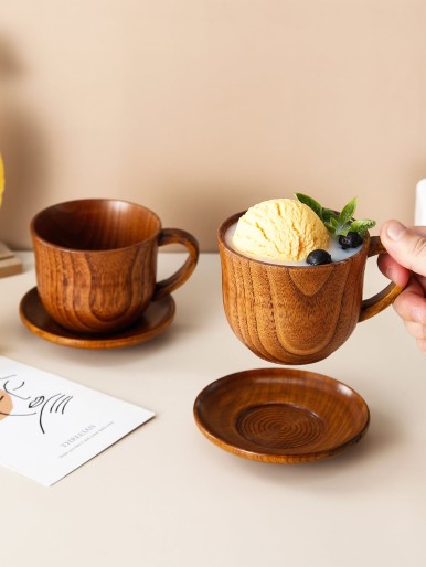2pcs Wooden Tea Cup & Saucer Set