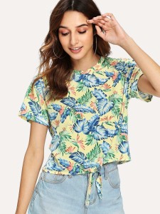 Knot Front Jungle Leaf Print T-shirt