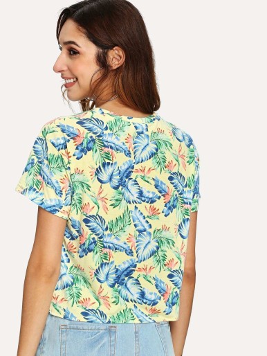 Knot Front Jungle Leaf Print T-shirt