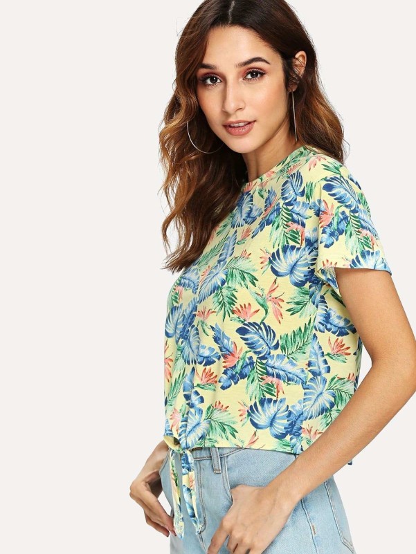 Knot Front Jungle Leaf Print T-shirt