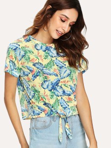 Knot Front Jungle Leaf Print T-shirt