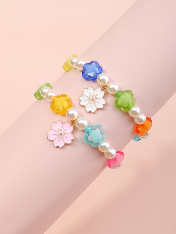 2pcs Girls Flower Charm Beaded Bracelet