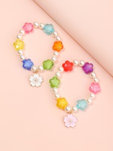 2pcs Girls Flower Charm Beaded Bracelet