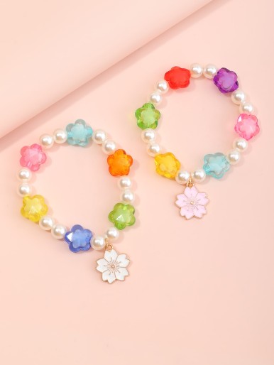 2pcs Girls Flower Charm Beaded Bracelet