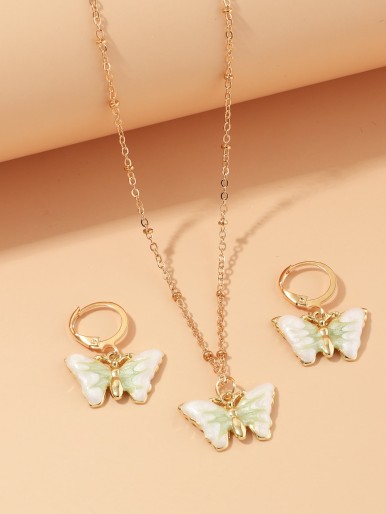 Girls Butterfly Charm Necklace & Drop Earrings