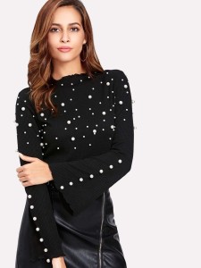 Pearl Embellished Fluted Sleeve Ribbed T-shirt