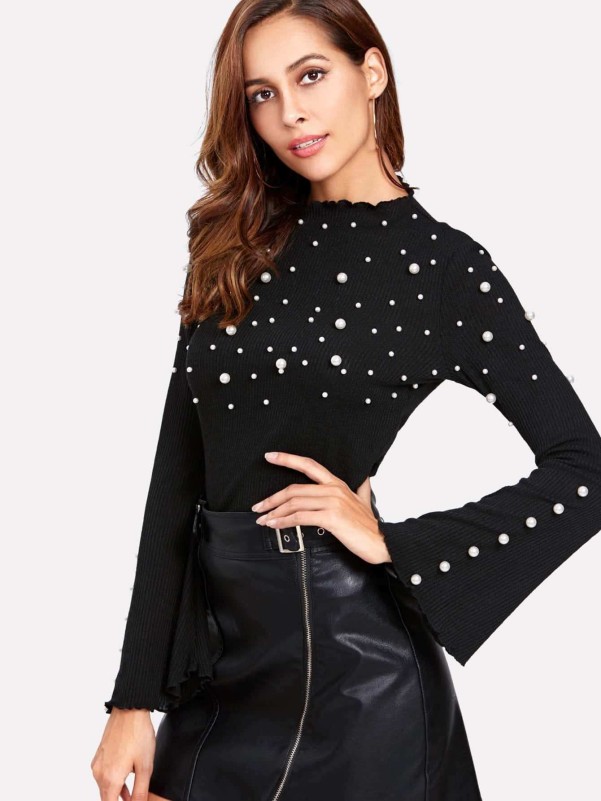 Pearl Embellished Fluted Sleeve Ribbed T-shirt